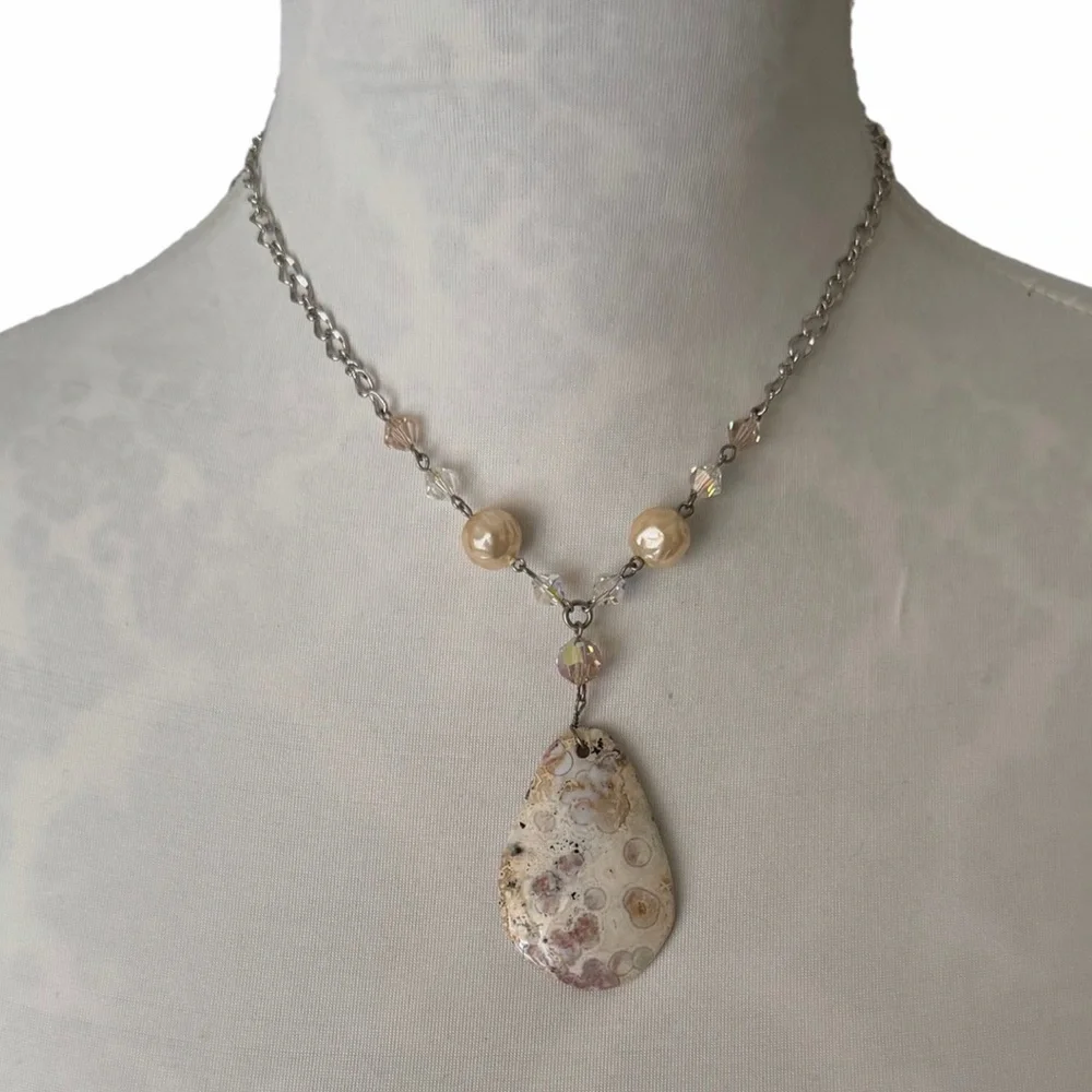 Jasper Teardrop Pendant Necklace | Pearl & Crystal Accents | Silver Tone Chain